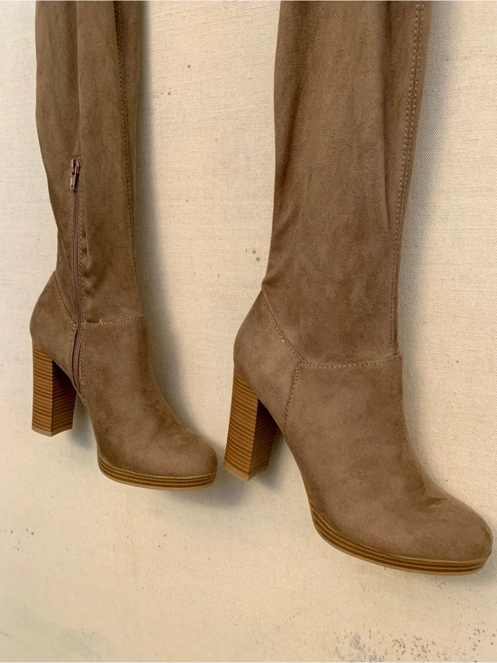 Tall Tan Suede Platform Boots  - Women's Thigh-High Heels, Size 7.5